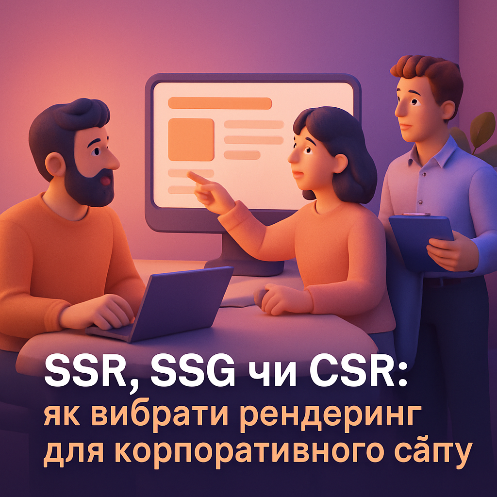 Ілюстрований банер: SSR, SSG чи CSR: як вибрати рендеринг для корпоративного сайту